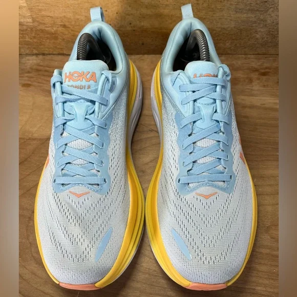 Hoka One One Bondi 8 REFLECTIVE Womens Sz 10 Running Shoes Sneakers Blue Yellow - Picture 3 of 12